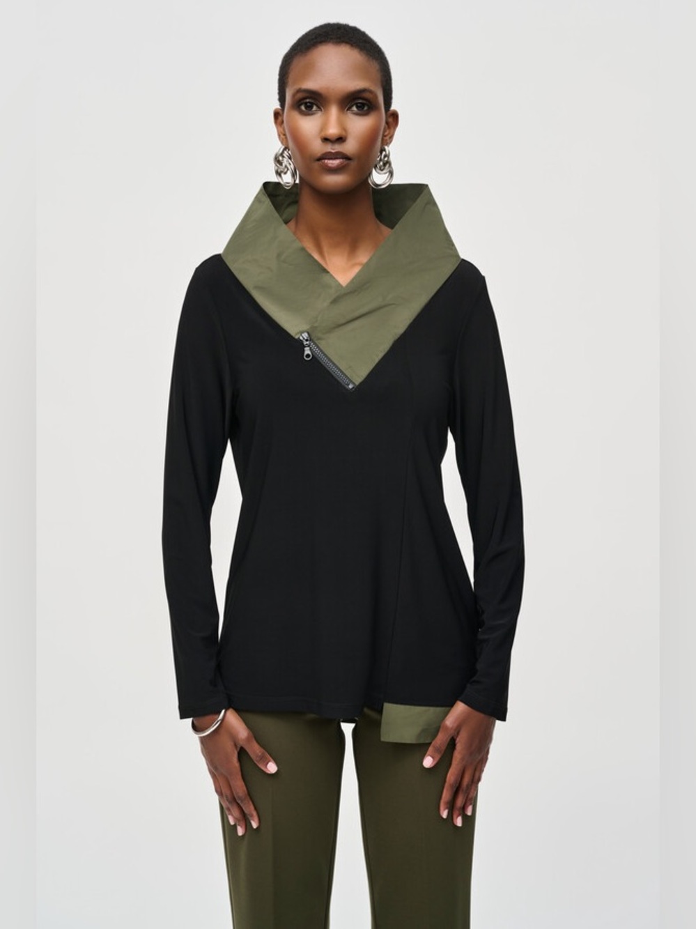 Joseph Ribkoff Black & Green Cowl Neck Zip Accent Knit Top Long Sleeve 4